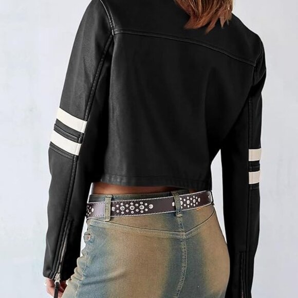 Women Black Faux Leather Zip Up Cropped Jacket Stand Collar Moto Coat - Picture 4 of 5